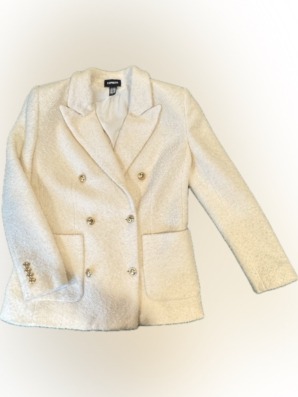 Express Cream Bouclé Double-Breasted Blazer with Gold Buttons